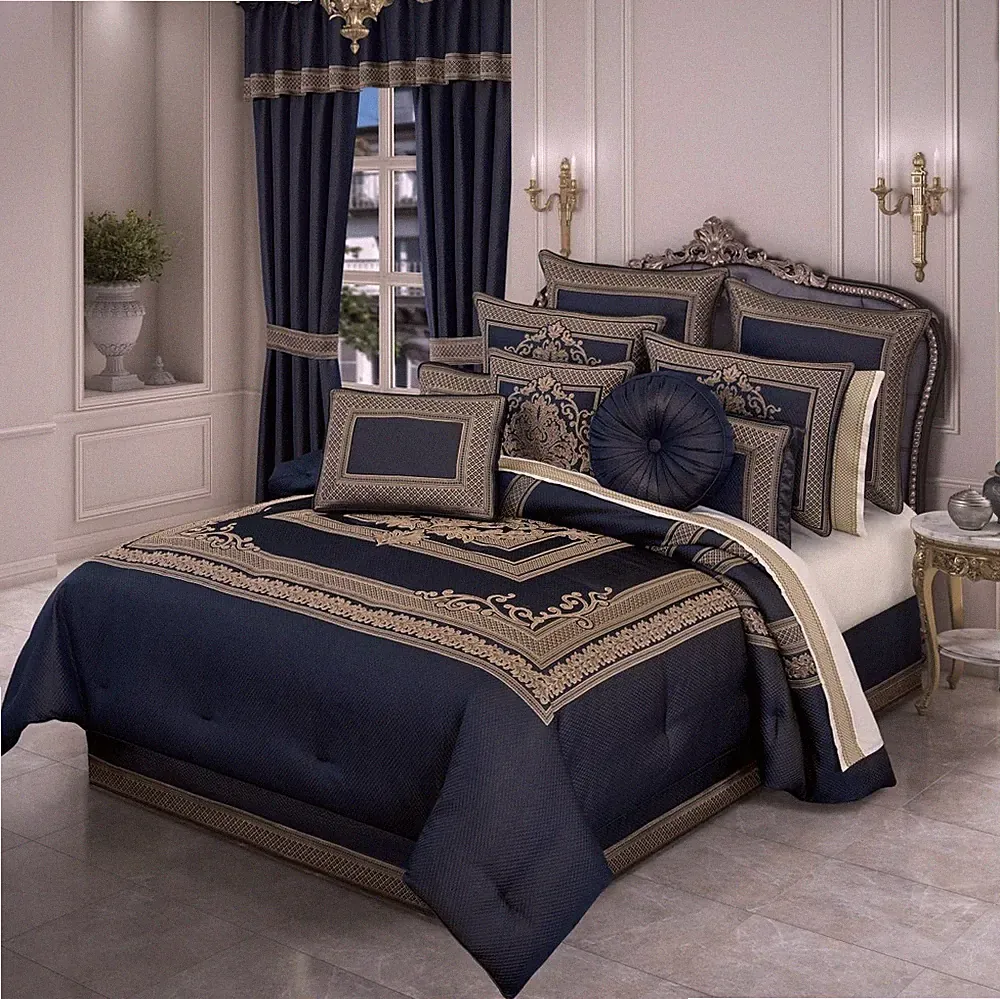 J Queen New York Excelsior Queen Comforter Set 4 PC Royal Blue & Gold $515 NIP