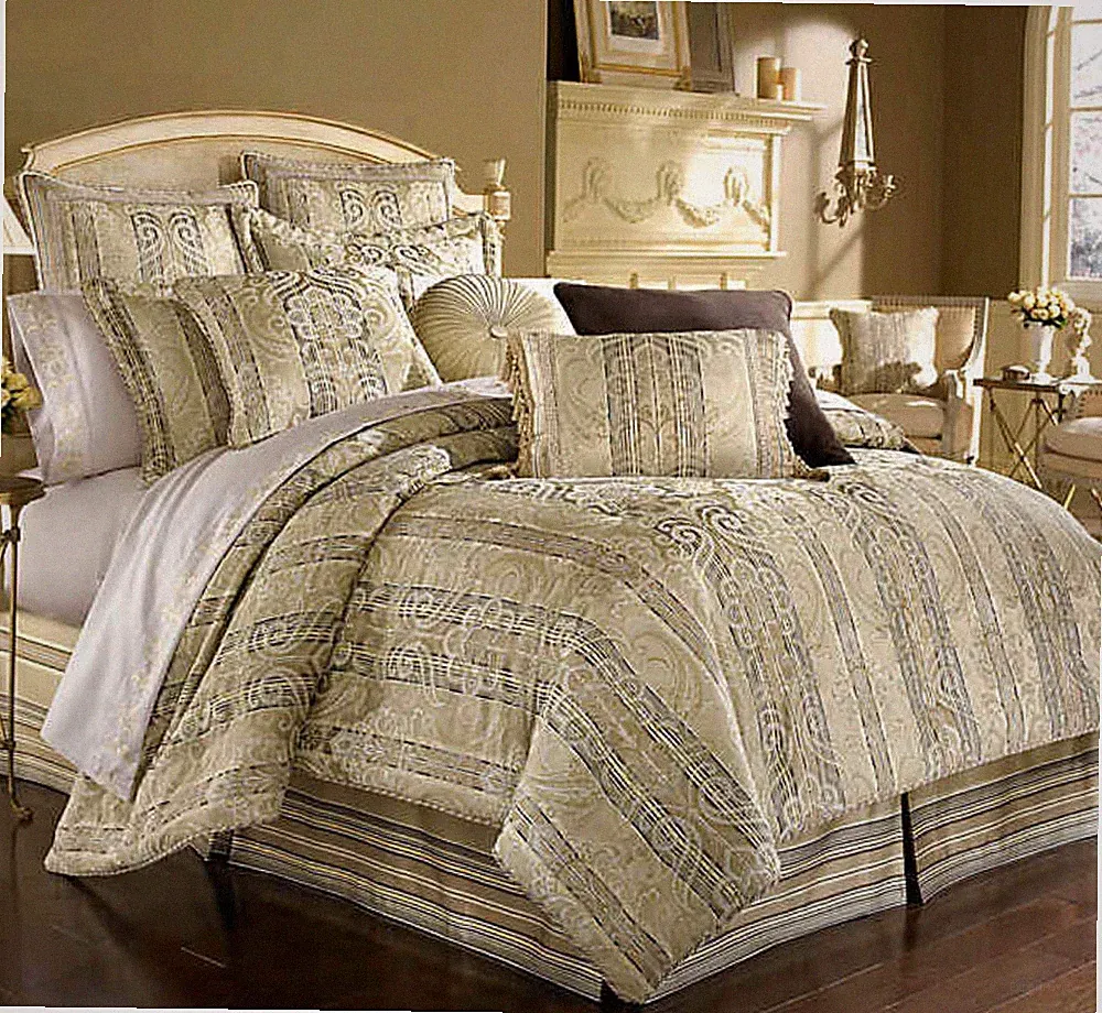 J. QUEEN New York MEDICI Queen COMFORTER Drapes SHEETS 17PC Taupe Black Gold