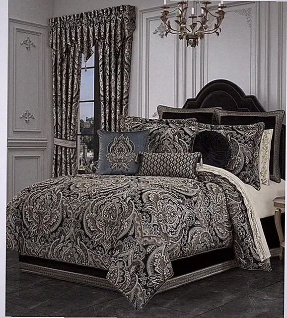 NIP J. Queen New York Cascade Glacier Black Woven Damask Queen Comforter Set 6pc