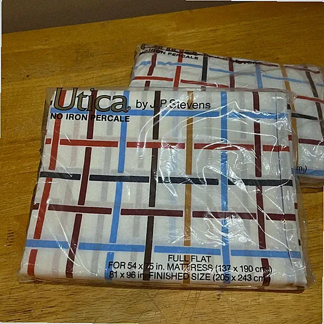 Vintage Utica J.P. Stevens Full Sheet Set Flat & Fitted No Iron Percale Plaid